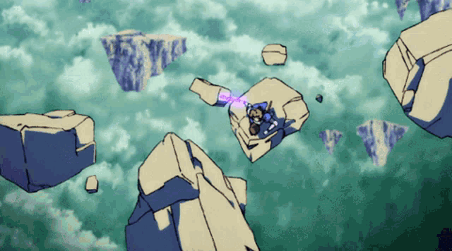 a cartoon drawing of a person on a rock with a purple light coming from it