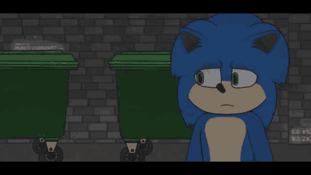 a cartoon of sonic the hedgehog standing next to a trash can