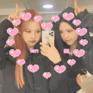 two girls are taking a selfie with hearts around them and the name len is on the bottom