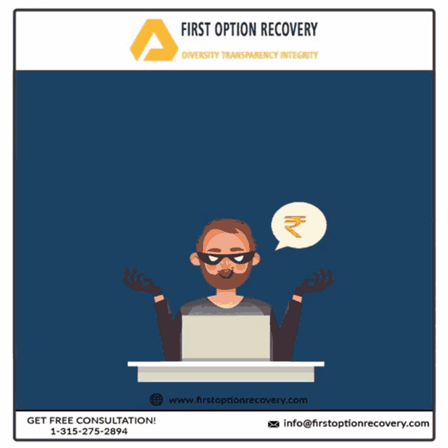 an advertisement for first option recovery shows a man sitting at a desk