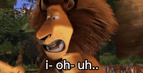 a cartoon lion says " i-oh-uh " in front of a blurred background