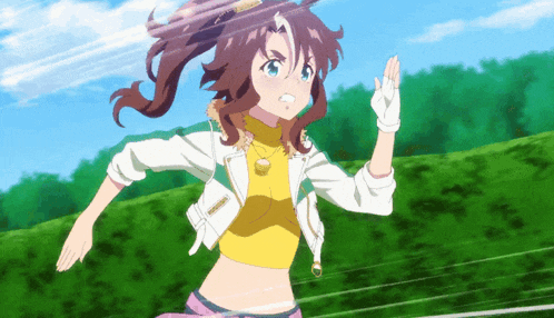 a girl in a yellow top and white jacket is running in a field
