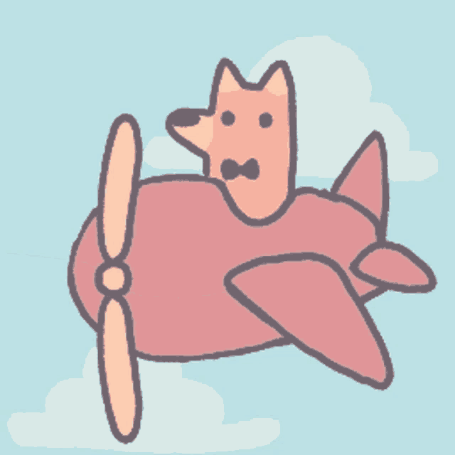 a cartoon drawing of a dog flying in a pink airplane