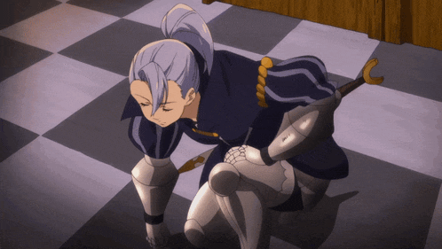 a man in armor is kneeling on a checkered floor with his eyes closed