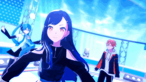 a girl with blue hair and red eyes is standing next to a boy