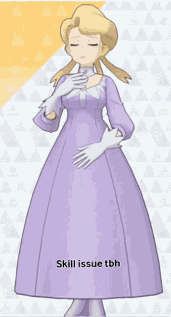 a woman in a purple dress with the words skill issue tbh on the bottom