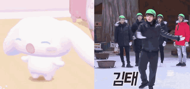 a group of people wearing green helmets are standing on a snowy ice rink .