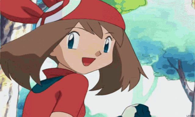 a cartoon of a girl with brown hair and a red hat
