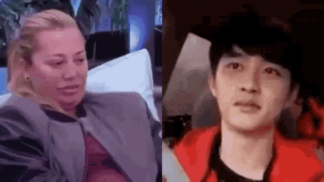 a woman is crying while sitting on a couch next to a man .