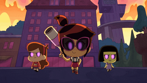 a cartoon drawing of three girls standing in front of a building that says ' hotel '