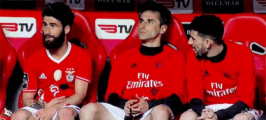 a group of soccer players wearing fly emirates jerseys are sitting in the stands .
