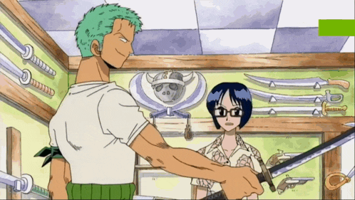a man and a woman are in a room with swords on the wall