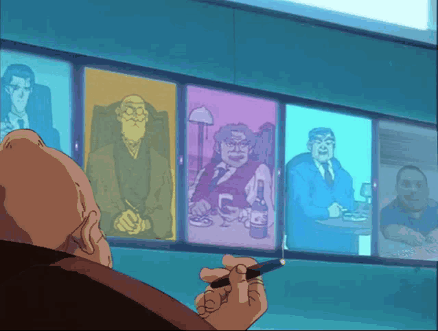 a cartoon of a man smoking a cigarette in front of a display of pictures
