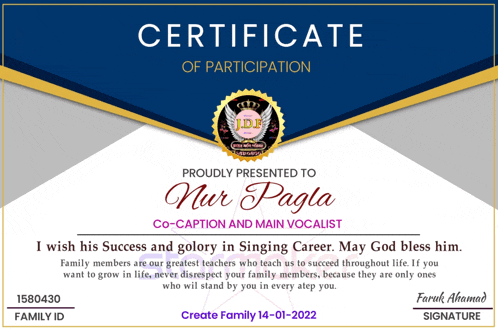 a certificate of participation presented to nur pagla