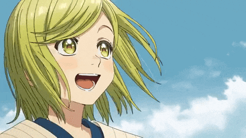 a close up of a girl with green hair and a blue sky in the background