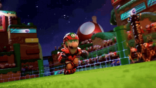 a video game scene with mario wearing a helmet with the letter g on it