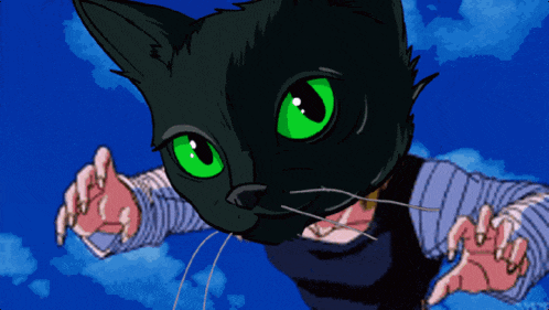 a cartoon character with a cat 's head and green eyes