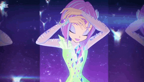 a cartoon girl with pink hair is wearing a green dress and a watch .