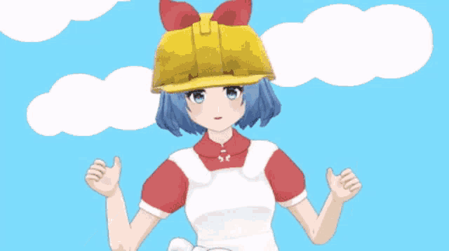 a cartoon girl wearing a hard hat and a shirt that says ' e ' on it