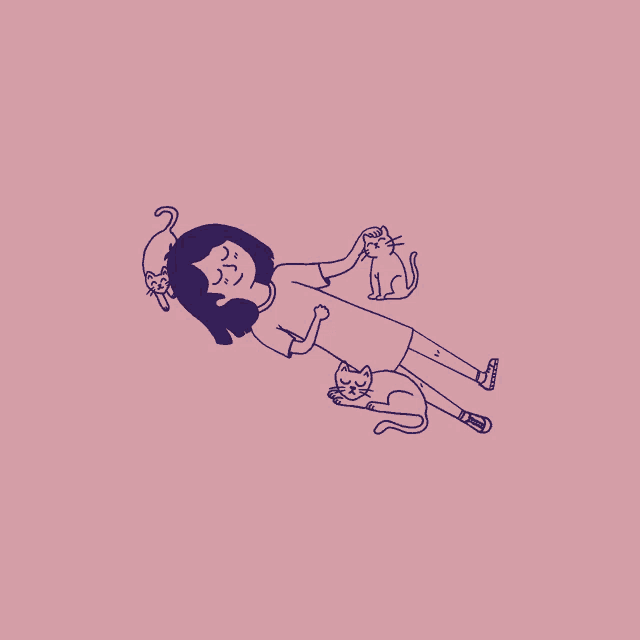 a drawing of a girl laying on the floor with two cats on her head