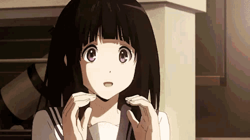 a girl with black hair and purple eyes is standing in front of a window .