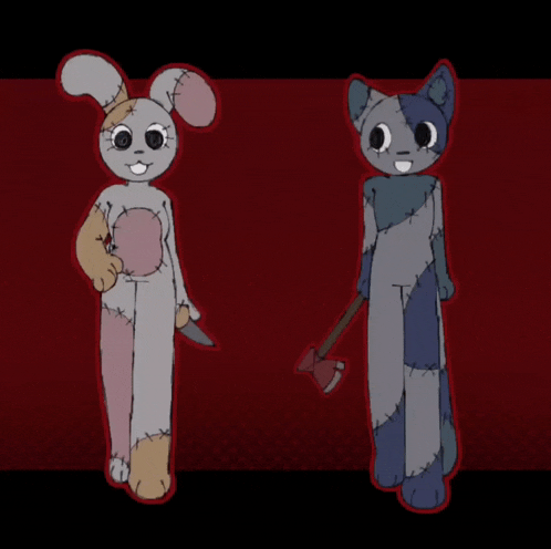 a stuffed rabbit and a stuffed cat are standing next to each other on a red background