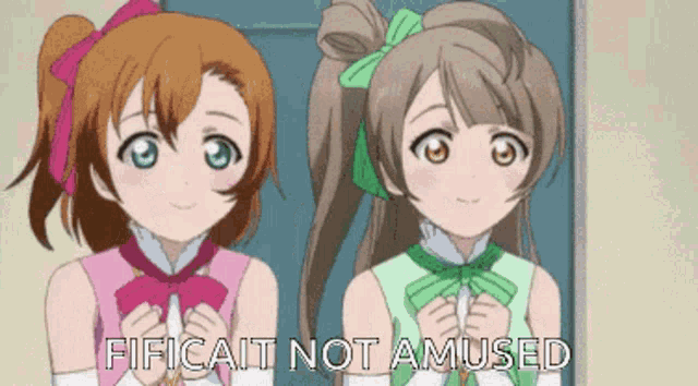 two anime girls standing next to each other with the words " fificailt not amused " written below them