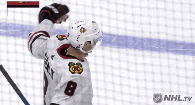 a hockey player with the number 8 on his jersey stands in front of a net