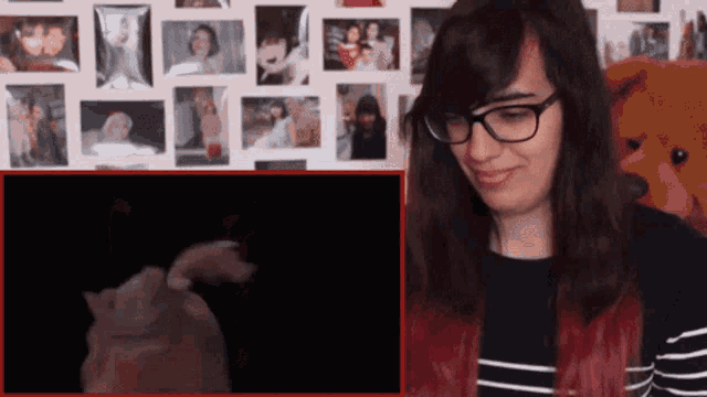 a woman wearing glasses looks at a cat in front of a wall of pictures