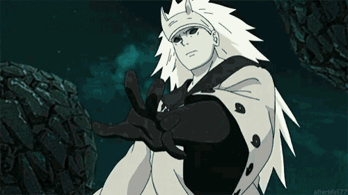 a cartoon character with long white hair and horns on his head .