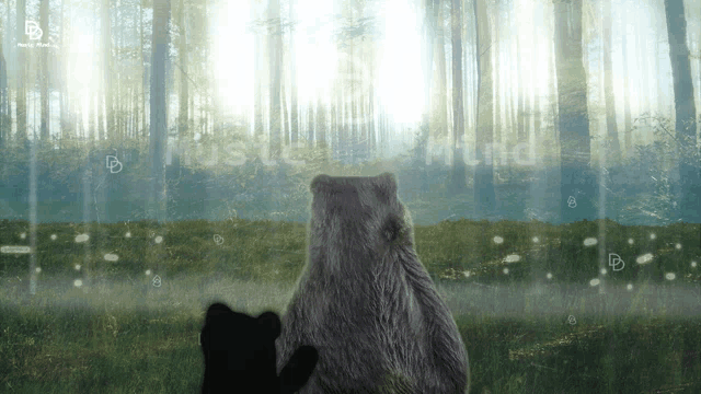 a bear is standing in a field with a forest in the background and the word wald is visible
