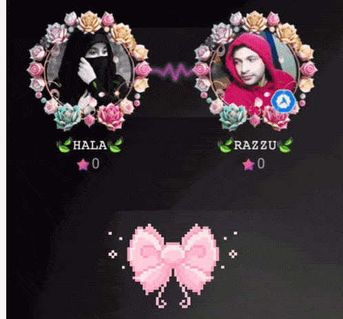 a picture of hala and razzu with flowers and a pink bow