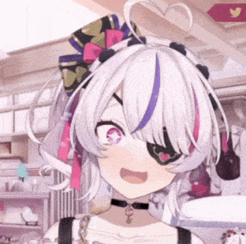a close up of a anime girl with white hair and a heart in her hair