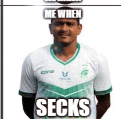 a man wearing a green and white shirt with the words me when secks on his head