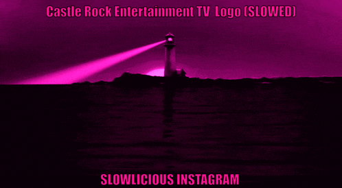 a pink poster for castle rock entertainment with a lighthouse in the background