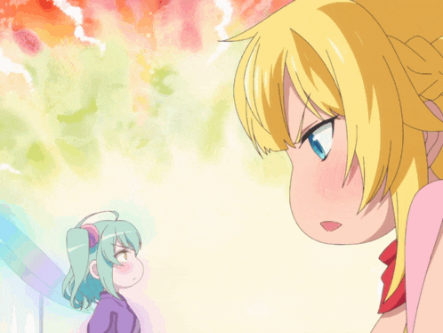 two anime girls are looking at each other with one making a face