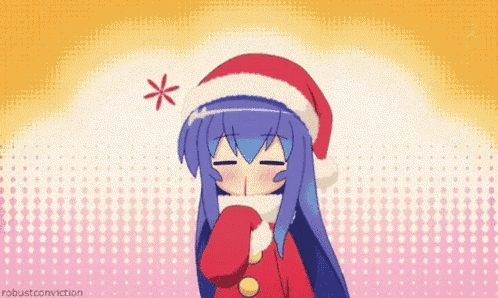 a girl with blue hair wearing a santa hat