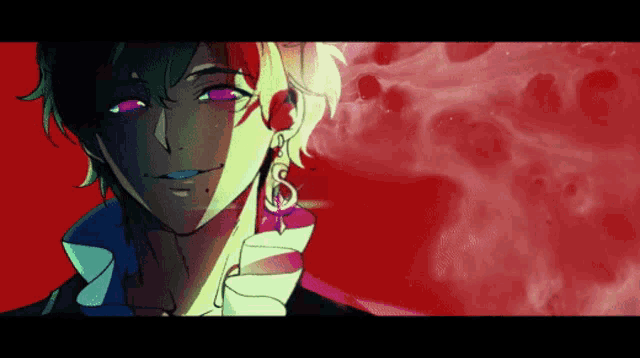 a close up of a man with purple eyes and earrings