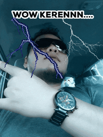 a man wearing sunglasses and a watch has a lightning bolt coming out of his mouth