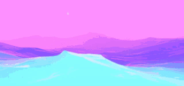 a painting of a landscape with a pink sky and purple hills