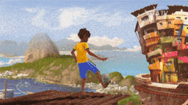 a boy in a yellow shirt is kicking a soccer ball in front of a building that says ' paty ' on it