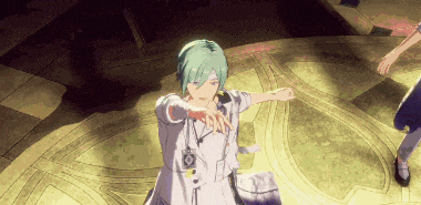 a man with green hair and a name tag that says ' aoi ' on it