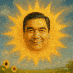 a painting of a sun with a man 's face on it in a field of sunflowers