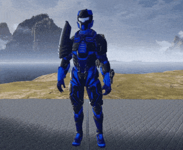 a blue and black futuristic soldier stands in front of a landscape