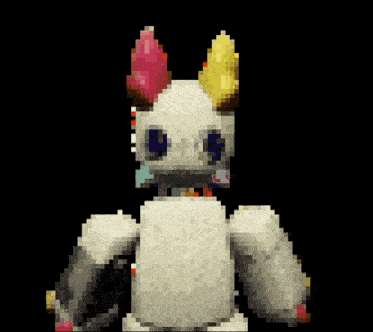 a pixel art drawing of a rabbit with a pink ear and yellow horns