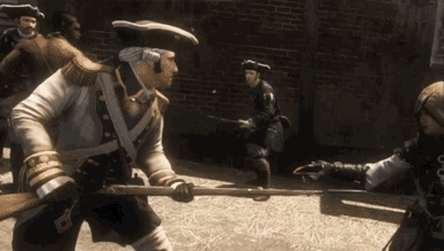 a man in a military uniform is holding a sword in front of another man in a hood