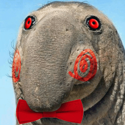 a stuffed animal with red eyes and a red bow tie on