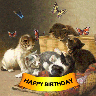a birthday card with a painting of kittens and butterflies says happy birthday