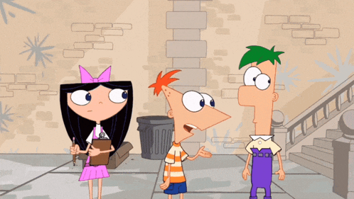 a cartoon of phineas and ferb standing in front of a wall