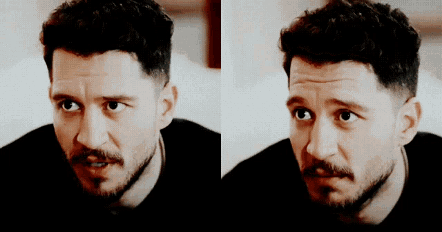 a man with a beard and mustache is making a funny face